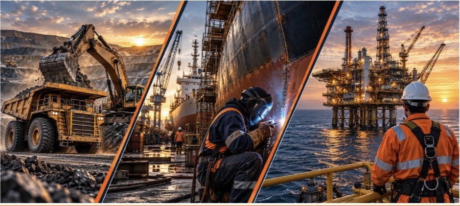 Illustrative mining, marine and offshore industry montage from company profile